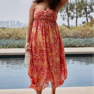 Anthropologie Floral Strapless Jumpsuit in Red and Orange